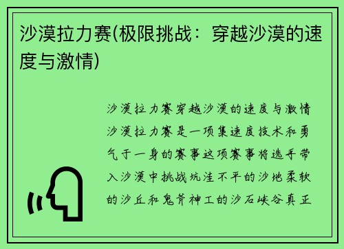 沙漠拉力赛(极限挑战：穿越沙漠的速度与激情)